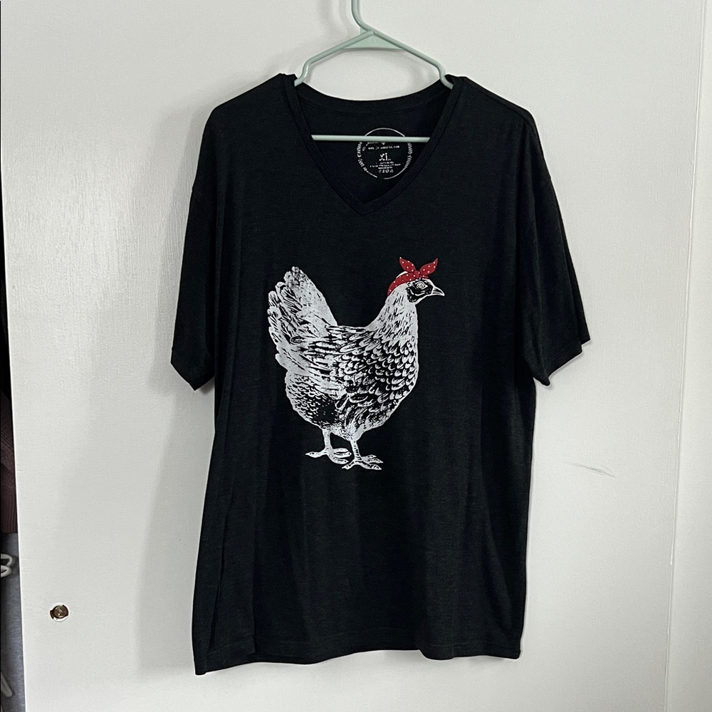 Anne Marie Black V-Neck T-Shirt with Chicken Graphic